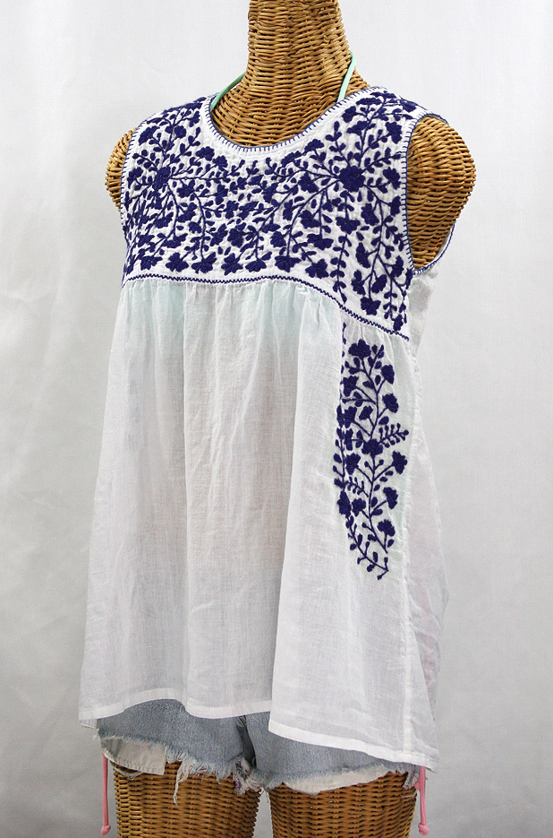 "La Sirena" Sleeveless Mexican Blouse -White + Navy