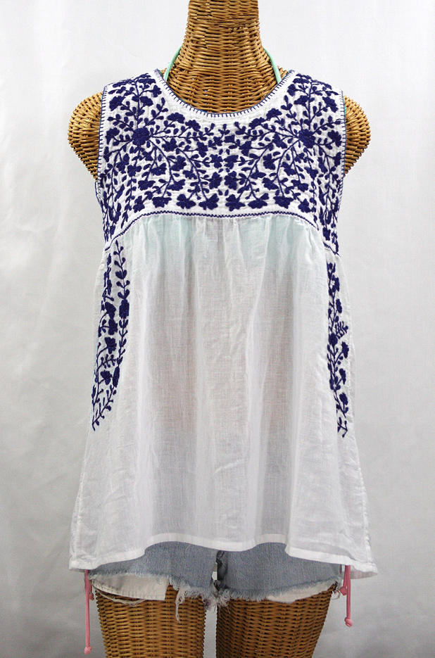 "La Sirena" Sleeveless Mexican Blouse -White + Navy