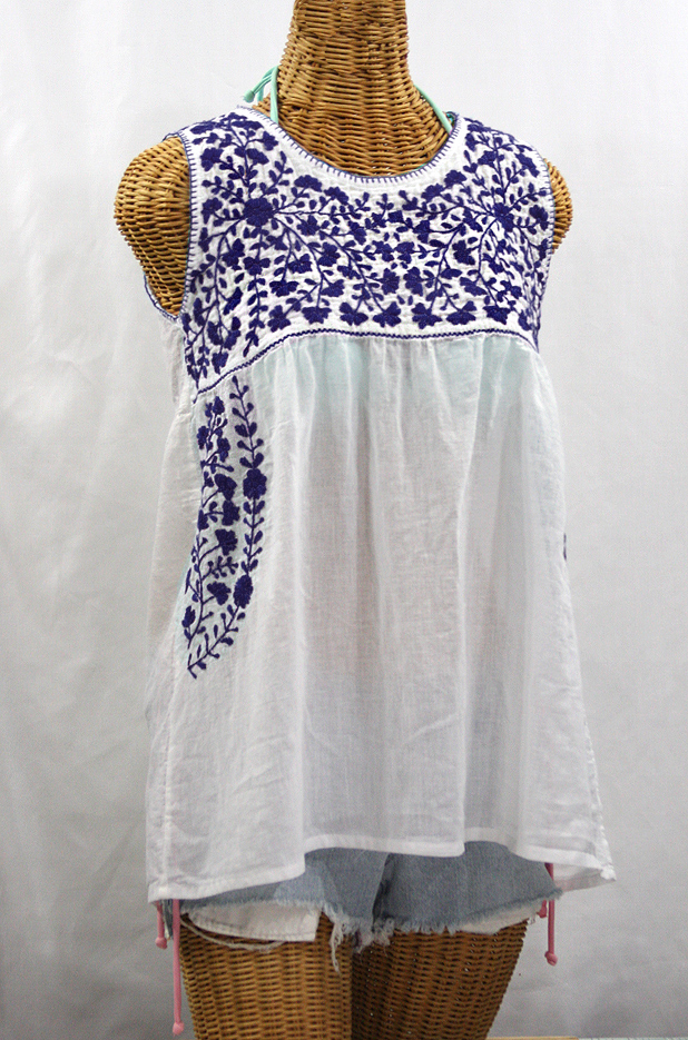 "La Sirena" Sleeveless Mexican Blouse -White + Navy