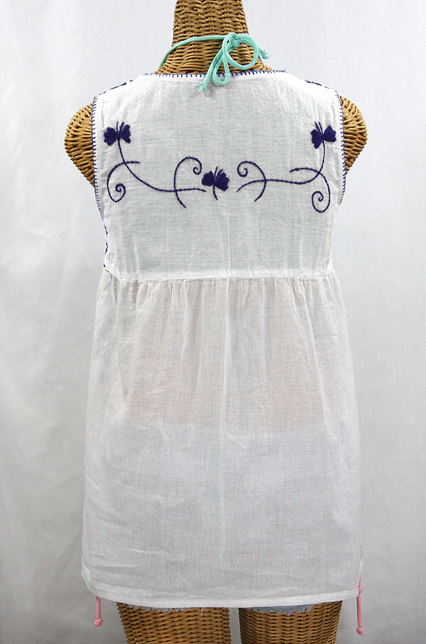 "La Sirena" Sleeveless Mexican Blouse -White + Navy