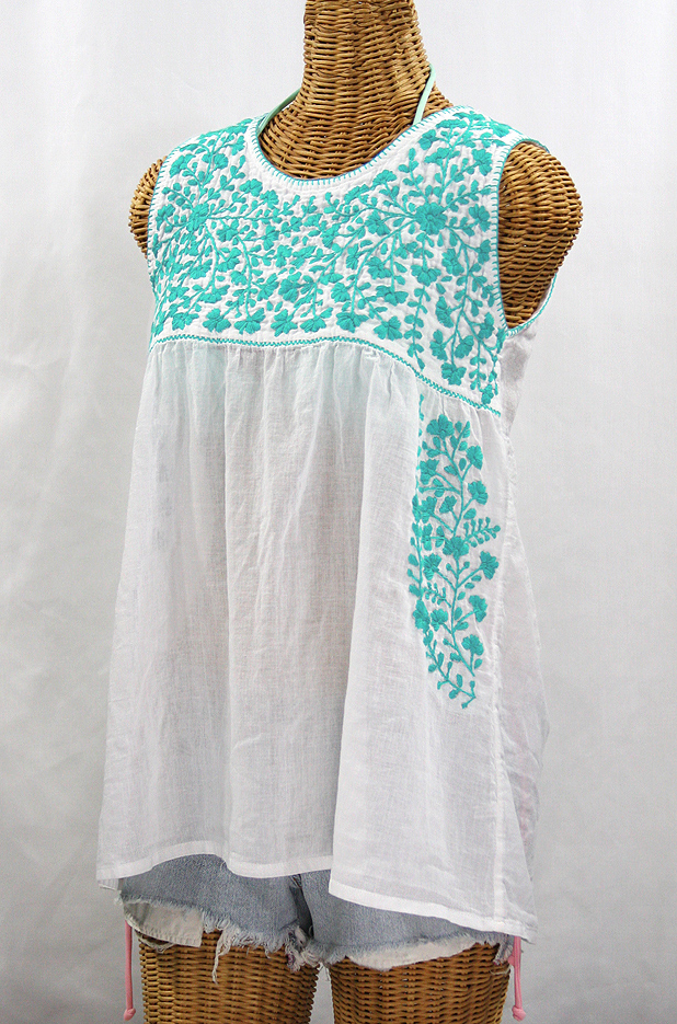 "La Sirena" Sleeveless Mexican Blouse -White + Neon Blue