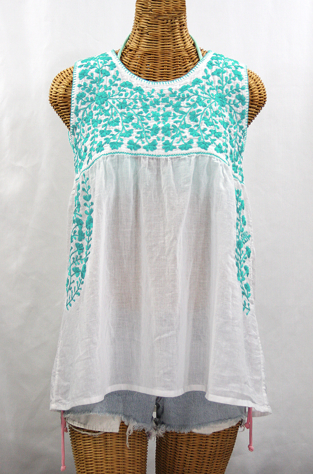 "La Sirena" Sleeveless Mexican Blouse -White + Neon Blue