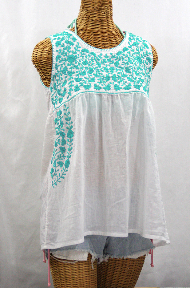 "La Sirena" Sleeveless Mexican Blouse -White + Neon Blue