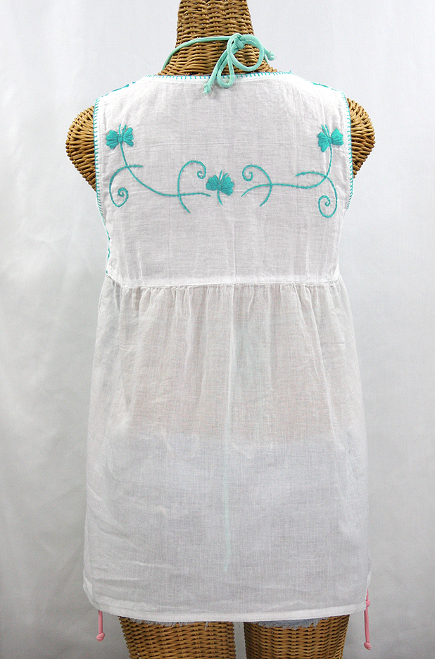 "La Sirena" Sleeveless Mexican Blouse -White + Neon Blue