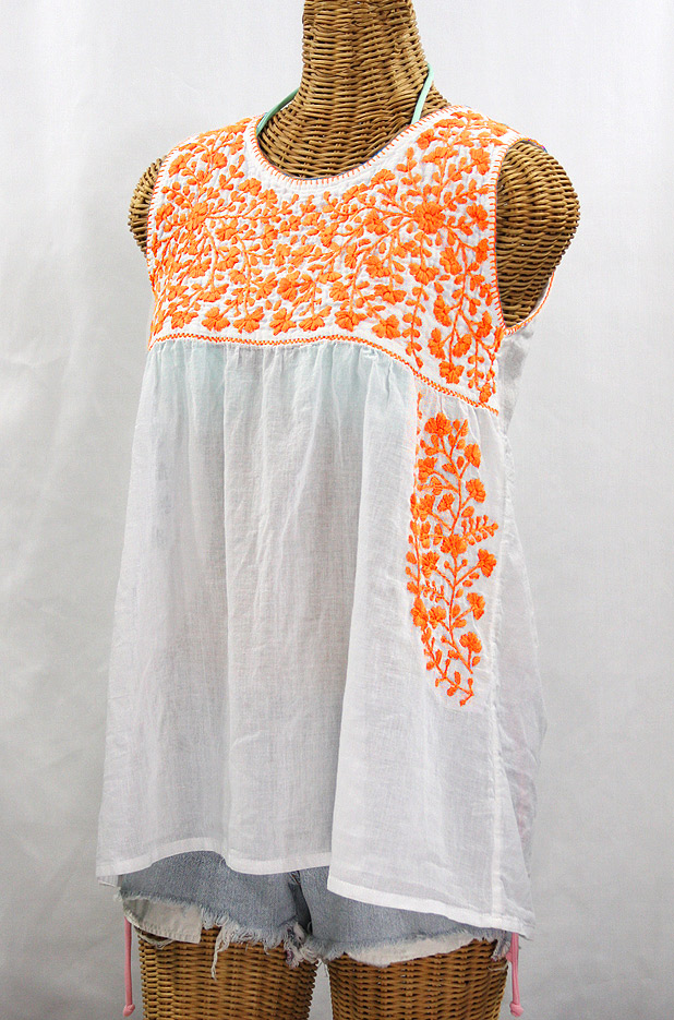 "La Sirena" Sleeveless Mexican Blouse -White + Neon Orange