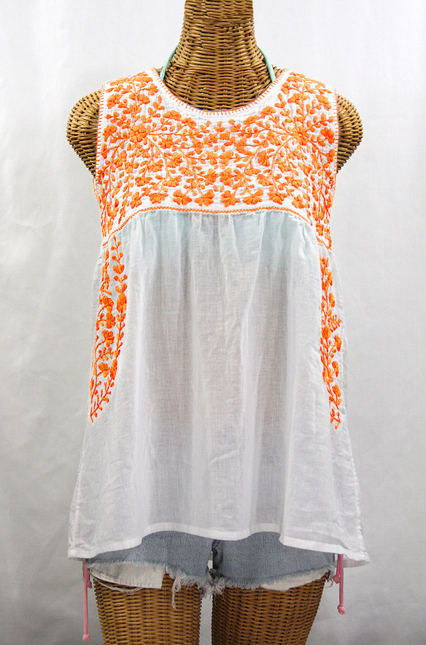 "La Sirena" Sleeveless Mexican Blouse -White + Neon Orange