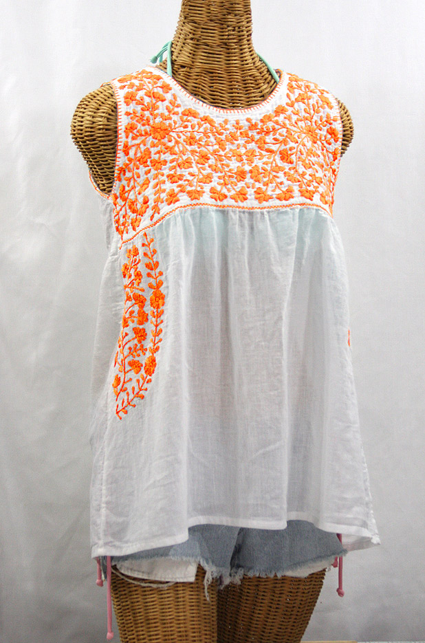 "La Sirena" Sleeveless Mexican Blouse -White + Neon Orange