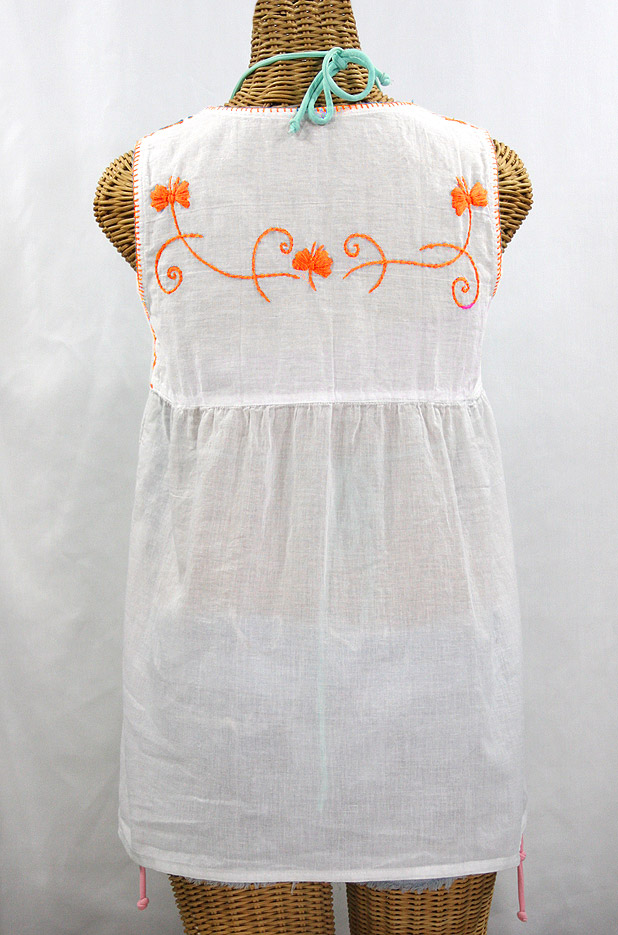 "La Sirena" Sleeveless Mexican Blouse -White + Neon Orange