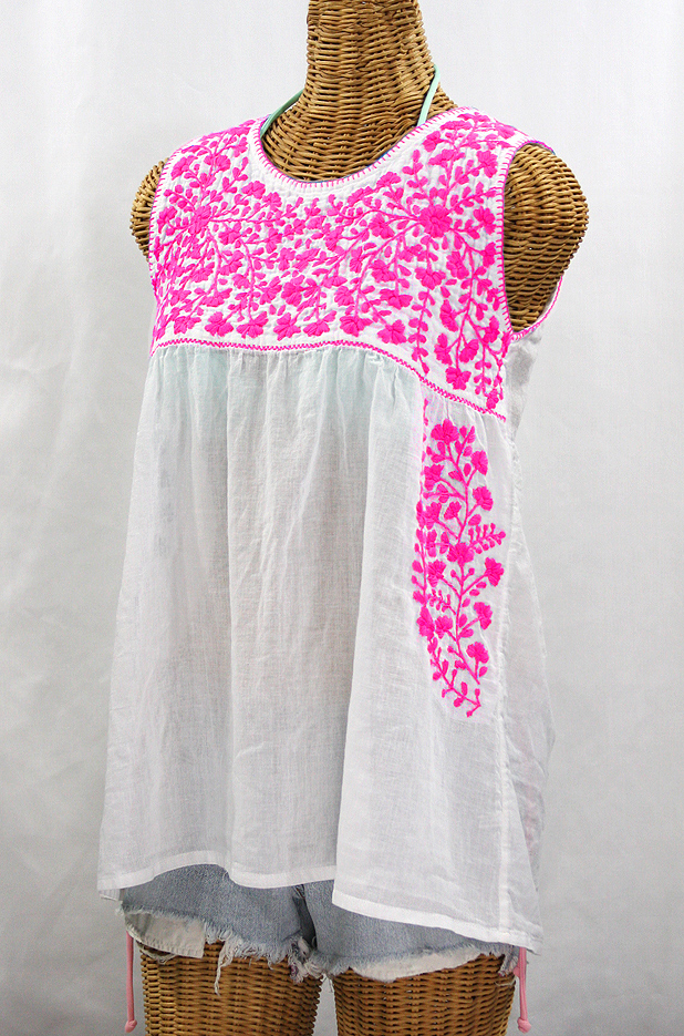 "La Sirena" Sleeveless Mexican Blouse -White + Neon Pink