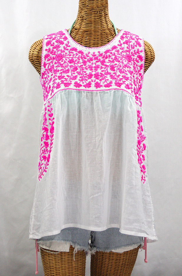 "La Sirena" Sleeveless Mexican Blouse -White + Neon Pink