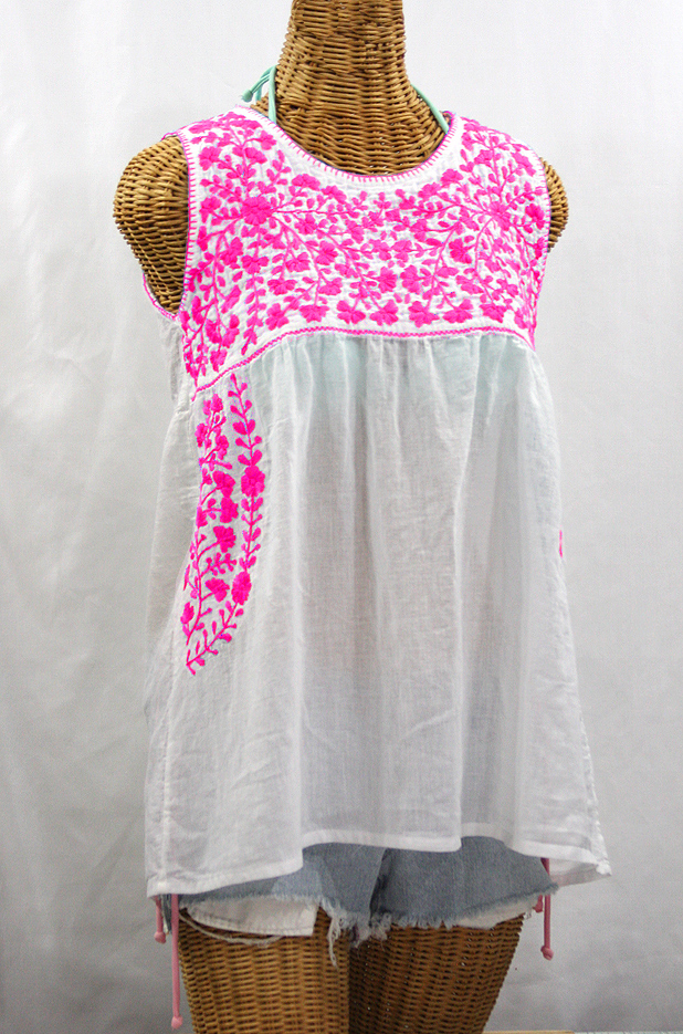 "La Sirena" Sleeveless Mexican Blouse -White + Neon Pink