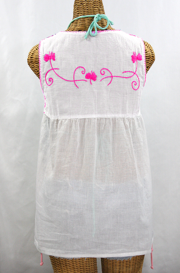 "La Sirena" Sleeveless Mexican Blouse -White + Neon Pink