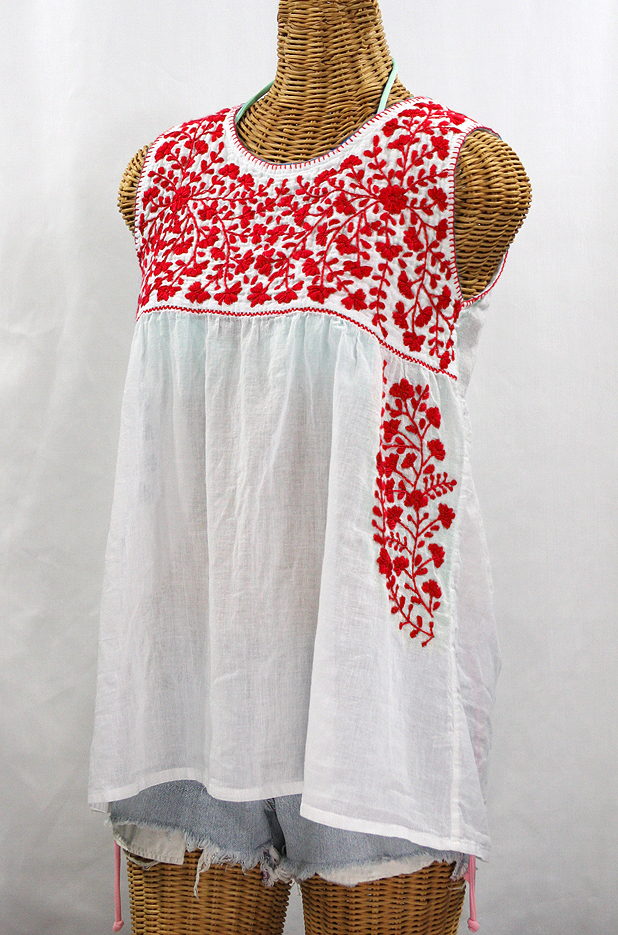 "La Sirena" Sleeveless Mexican Blouse -White + Red