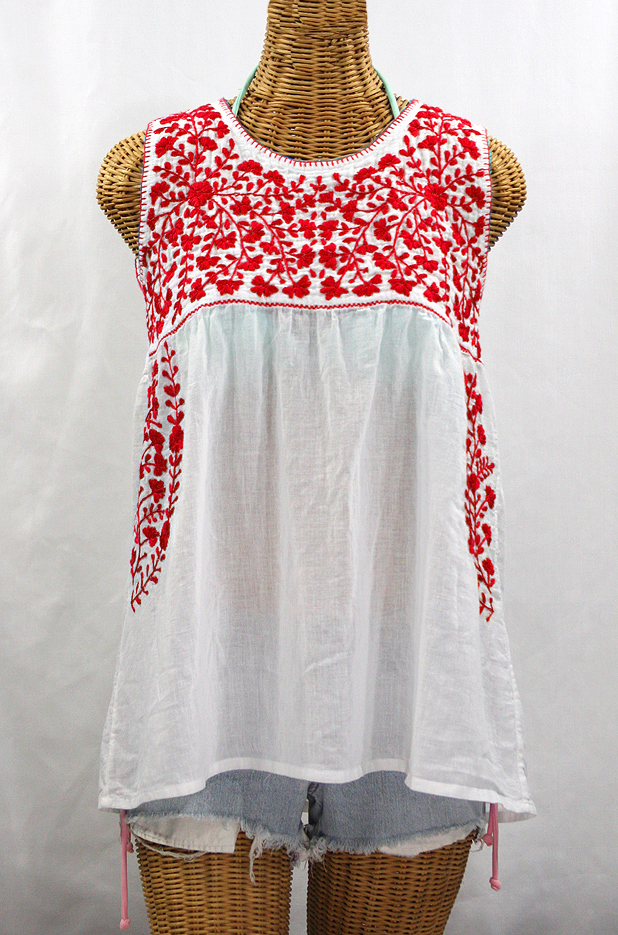 FINAL SALE -- "La Sirena" Sleeveless Mexican Blouse -White + Red