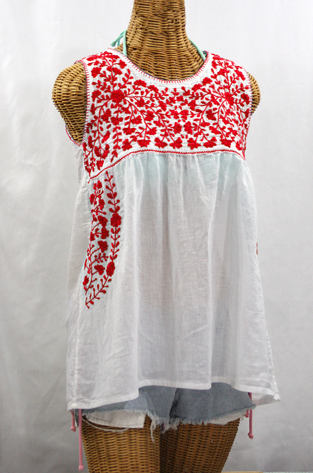 FINAL SALE -- "La Sirena" Sleeveless Mexican Blouse -White + Red