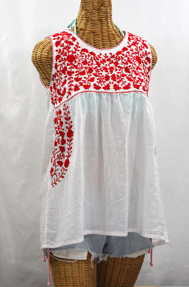 "La Sirena" Sleeveless Mexican Blouse -White + Red