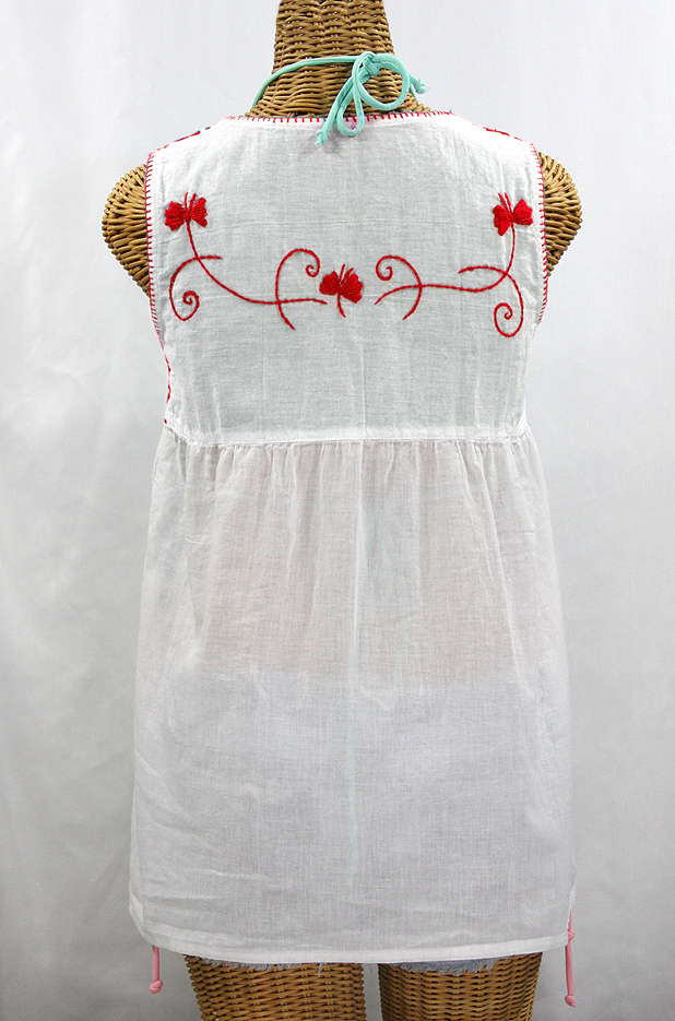 "La Sirena" Sleeveless Mexican Blouse -White + Red