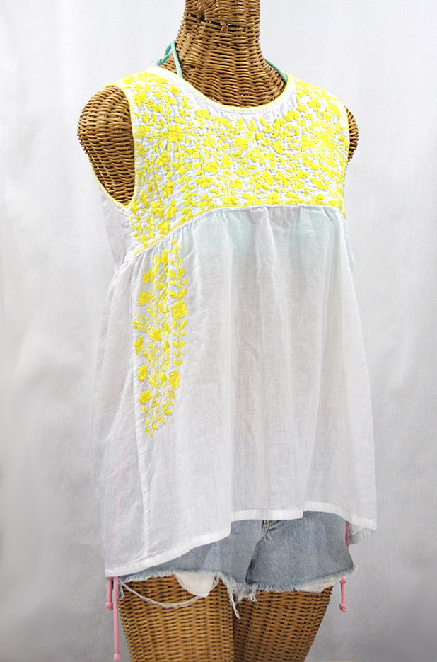 "La Sirena" Sleeveless Mexican Blouse -White + Neon Yellow