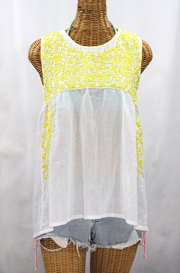 "La Sirena" Sleeveless Mexican Blouse -White + Neon Yellow