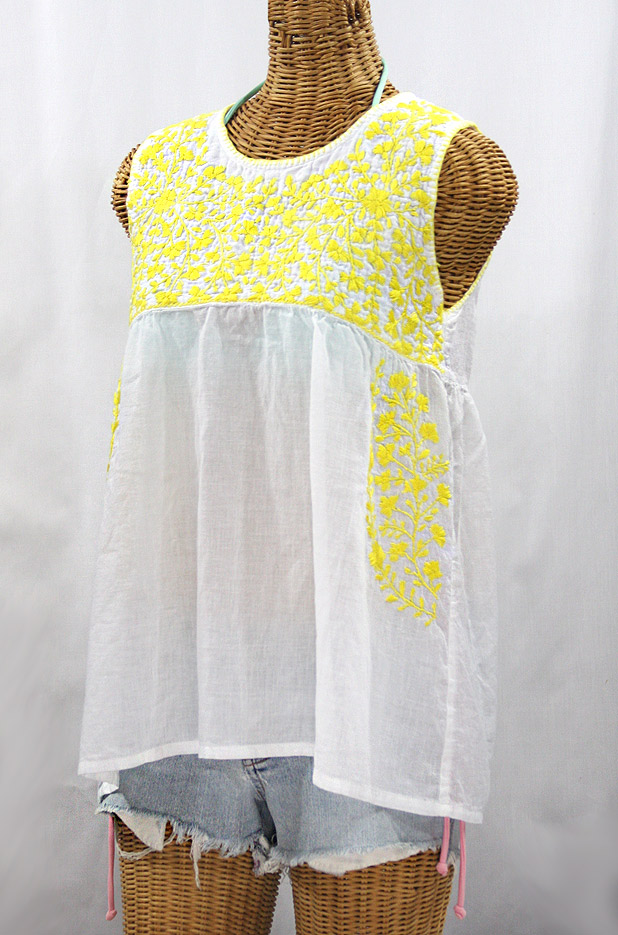 "La Sirena" Sleeveless Mexican Blouse -White + Neon Yellow