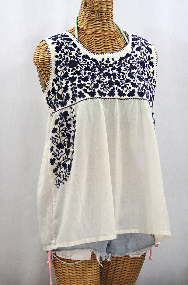 "La Sirena" Sleeveless Mexican Blouse -Off White + Navy