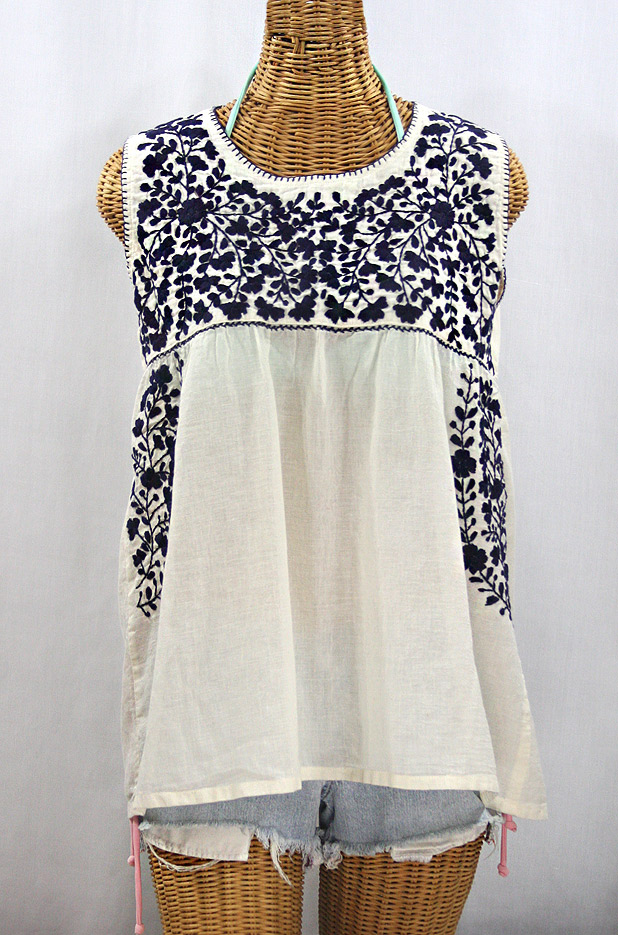 "La Sirena" Sleeveless Mexican Blouse -Off White + Navy