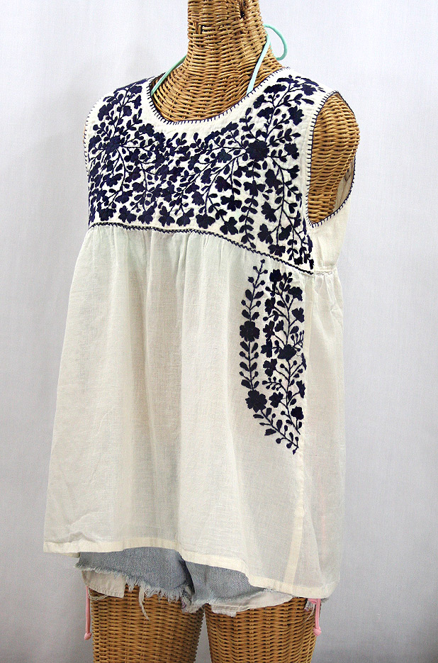 "La Sirena" Sleeveless Mexican Blouse -Off White + Navy