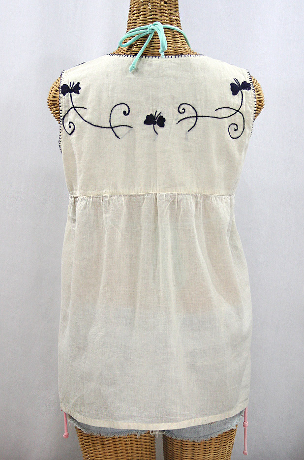 "La Sirena" Sleeveless Mexican Blouse -Off White + Navy