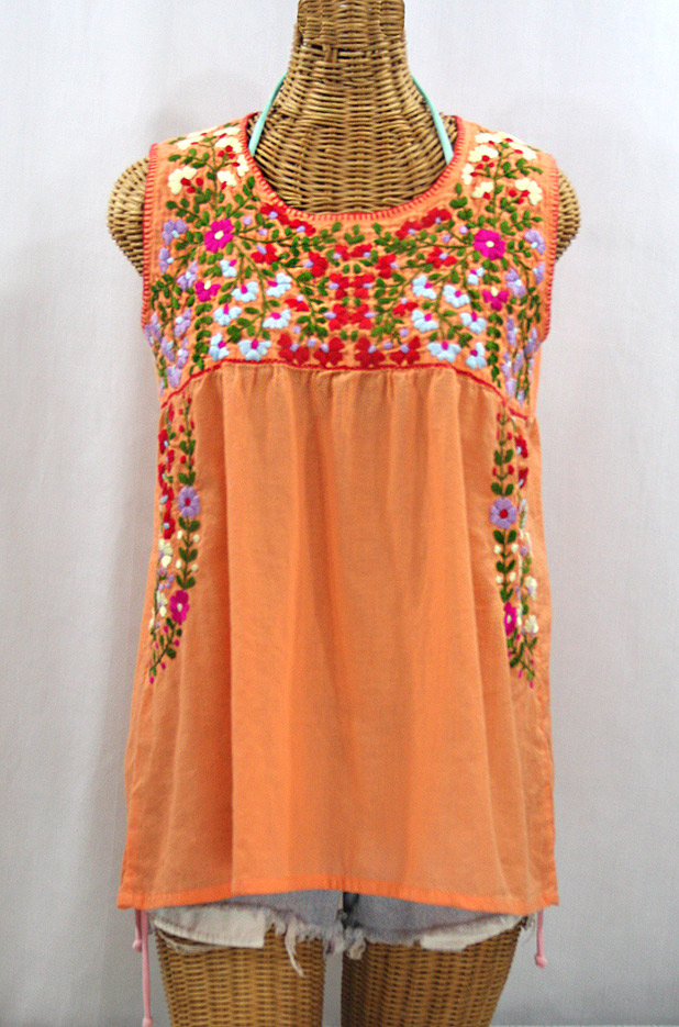 "La Sirena" Sleeveless Mexican Blouse - Orange Cream + Multi