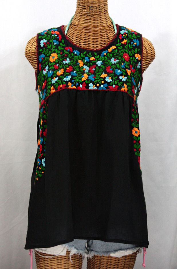 "La Sirena" Embroidered Mexican Style Peasant Top -Black + Fiesta Embroidery