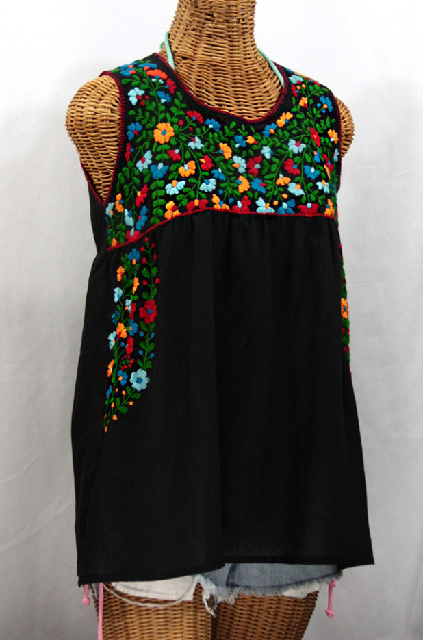 "La Sirena" Embroidered Mexican Style Peasant Top -Black + Fiesta Embroidery