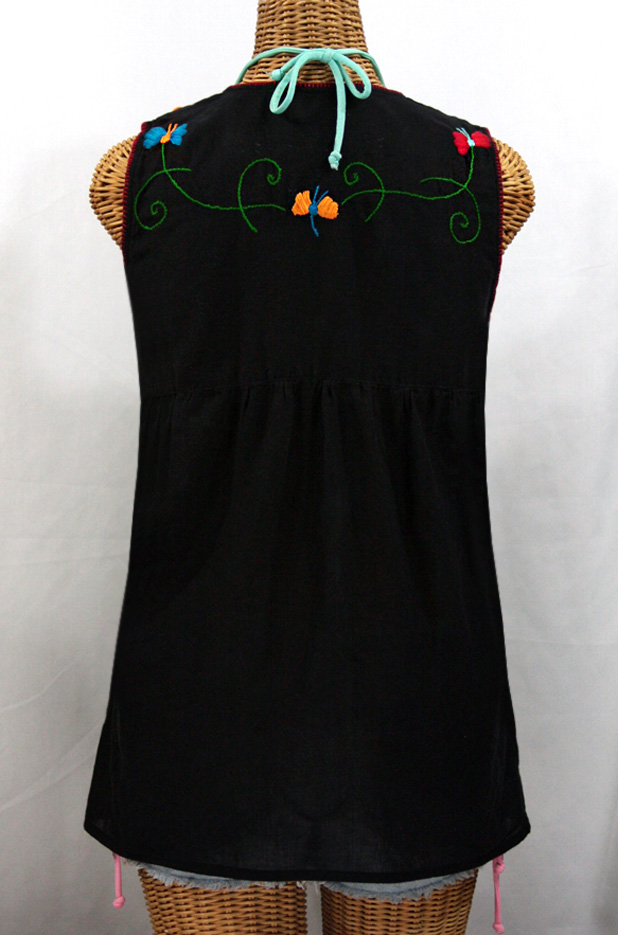 "La Sirena" Embroidered Mexican Style Peasant Top -Black + Fiesta Embroidery