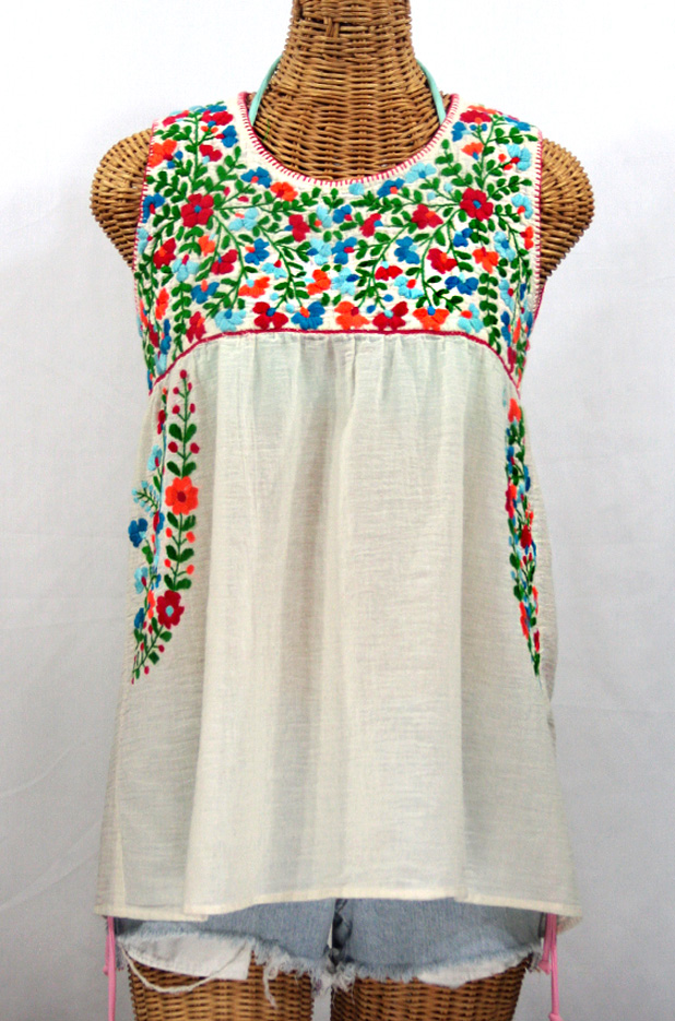 "La Sirena" Sleeveless Mexican Blouse -Off White + Fiesta Embroidery