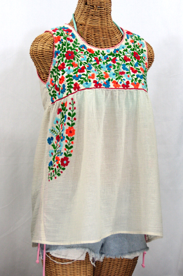 "La Sirena" Sleeveless Mexican Blouse -Off White + Fiesta Embroidery