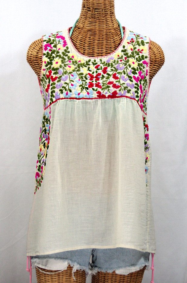 "La Sirena" Embroidered Mexican Style Peasant Top -Off White + Multi