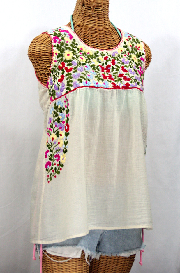 "La Sirena" Embroidered Mexican Style Peasant Top -Off White + Multi
