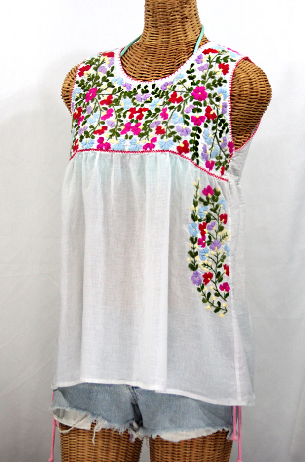 "La Sirena" Sleeveless Mexican Blouse -White + Multi