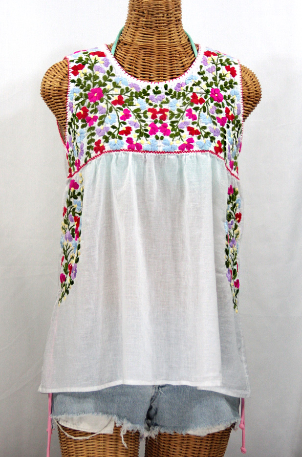 "La Sirena" Sleeveless Mexican Blouse -White + Multi