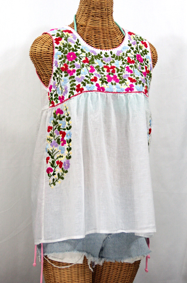 "La Sirena" Sleeveless Mexican Blouse -White + Multi