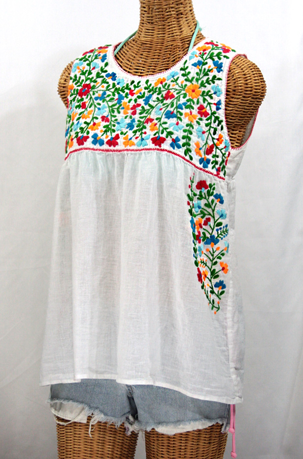 "La Sirena" Sleeveless Mexican Blouse -White + Fiesta Embroidery