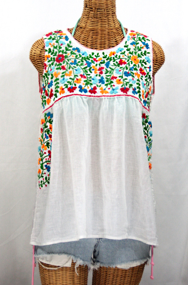 "La Sirena" Sleeveless Mexican Blouse -White + Fiesta Embroidery