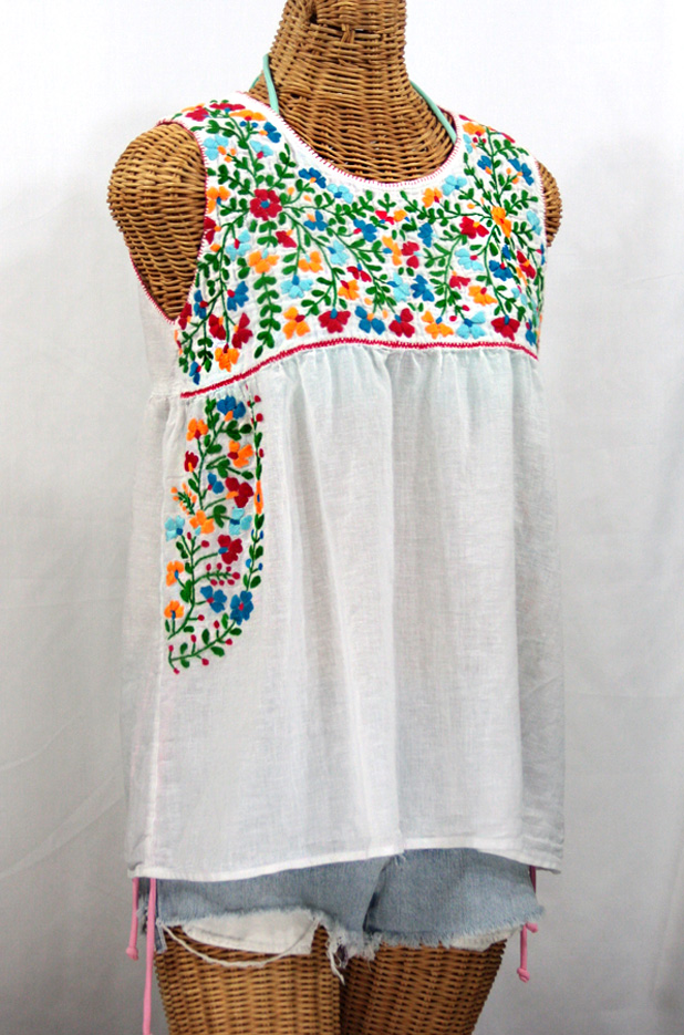 "La Sirena" Sleeveless Mexican Blouse -White + Fiesta Embroidery