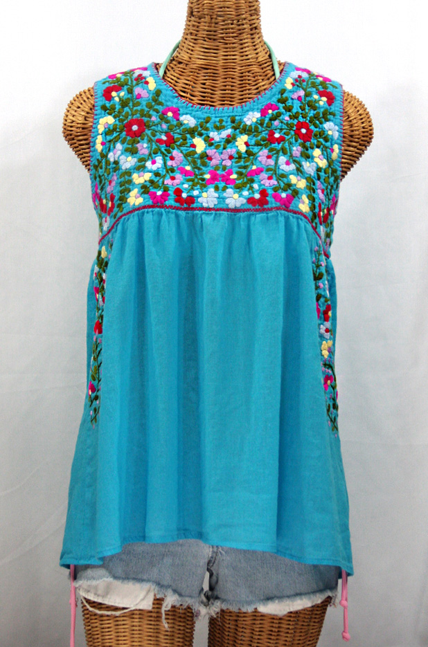 "La Sirena" Sleeveless Mexican Blouse -Aqua + Multi