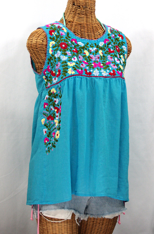 "La Sirena" Sleeveless Mexican Blouse -Aqua + Multi