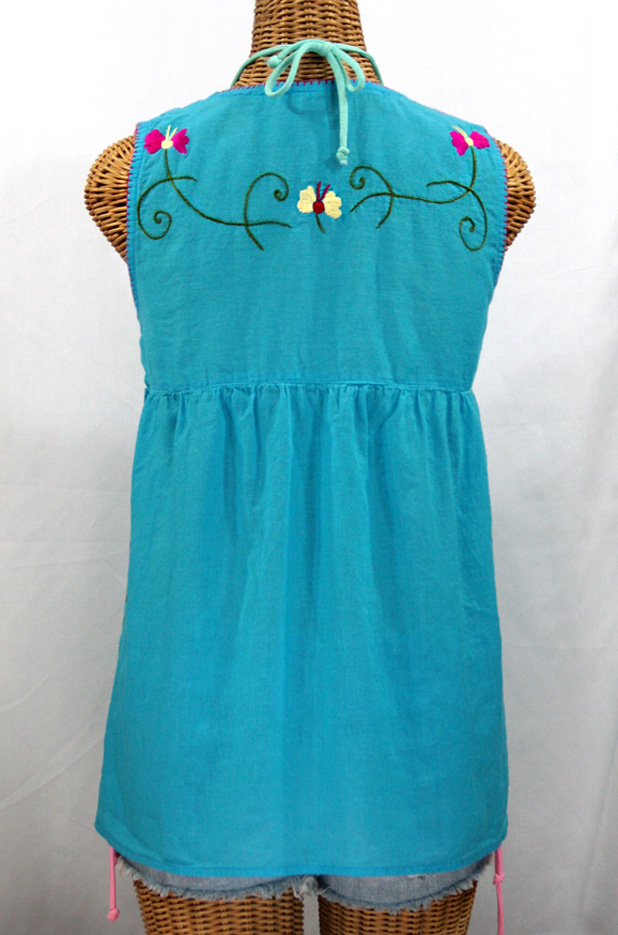 "La Sirena" Sleeveless Mexican Blouse -Aqua + Multi