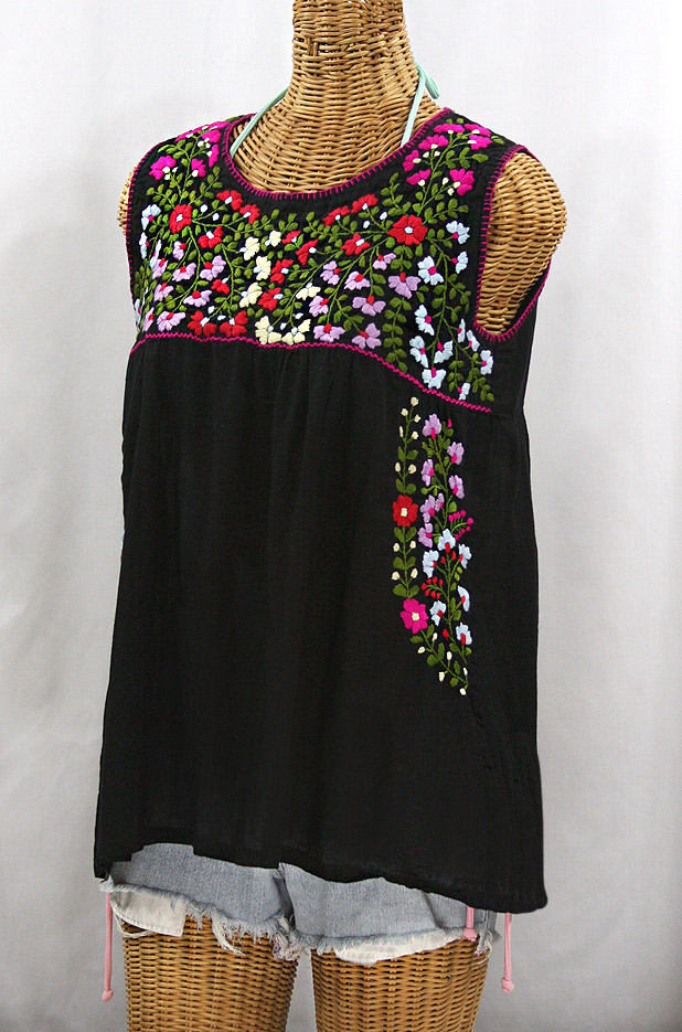 "La Sirena" Embroidered Mexican Style Peasant Top -Black + Multi