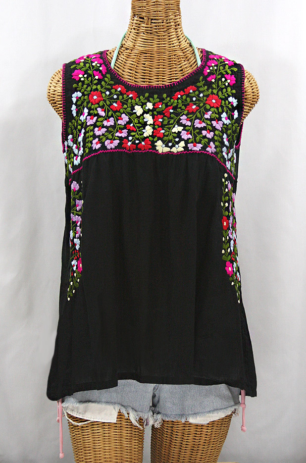 "La Sirena" Embroidered Mexican Style Peasant Top -Black + Multi