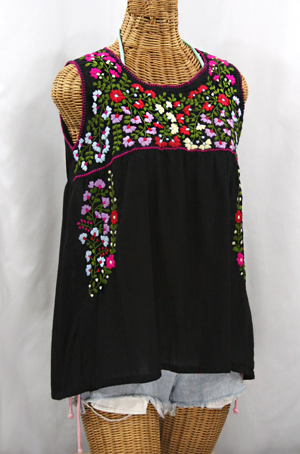 "La Sirena" Embroidered Mexican Style Peasant Top -Black + Multi