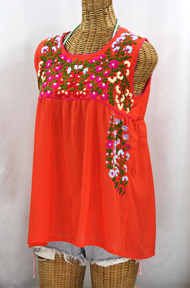 "La Sirena" Sleeveless Mexican Blouse - Orange + Multi Embroidery