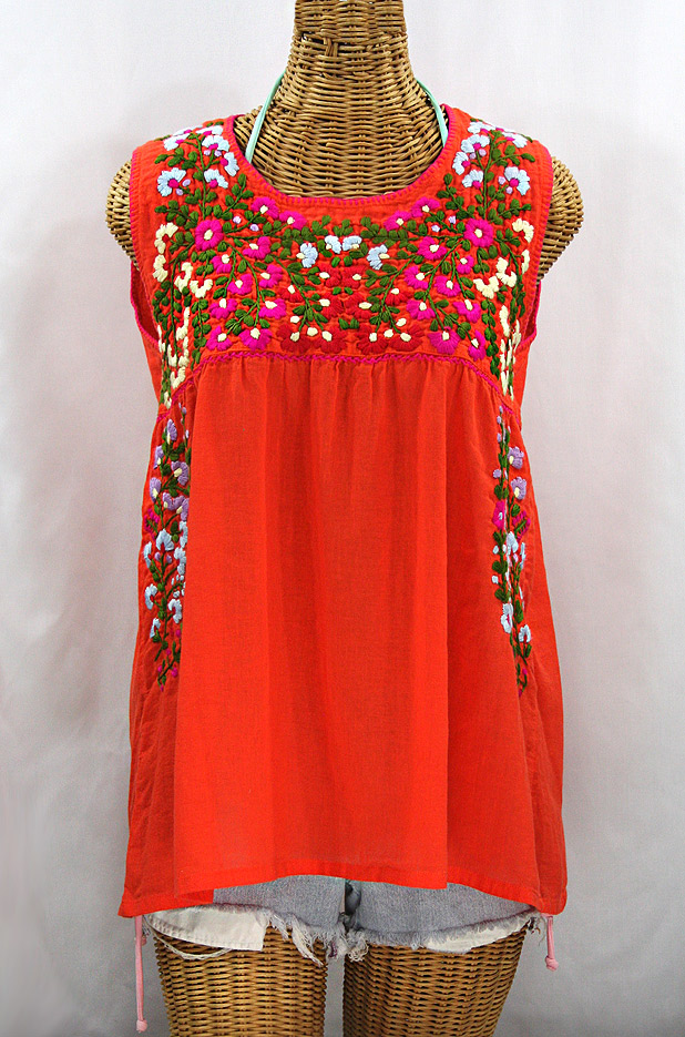 "La Sirena" Sleeveless Mexican Blouse - Orange + Multi Embroidery